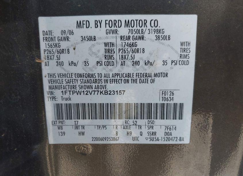 Photo 9 of 2007 Ford F-150 LARIAT/XLT (VIN 1FTPW12V77KB23157)