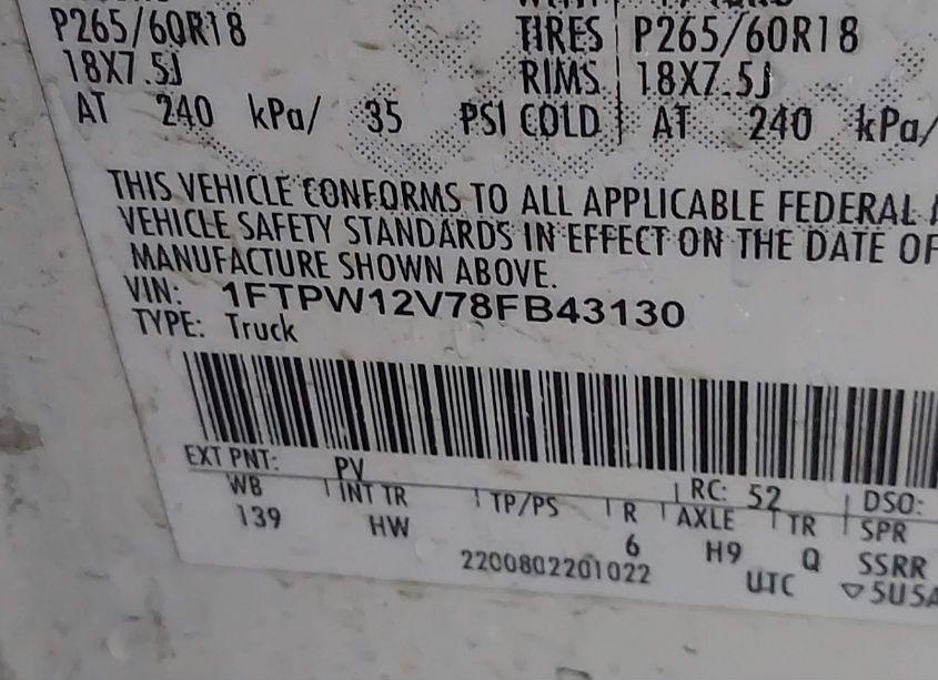 Photo 9 of 2008 Ford F-150 60TH ANNIVERSARY/FX2/KING RANCH/LARIAT/XLT (VIN 1FTPW12V78FB43130)