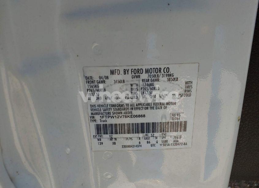 Photo 9 of 2008 Ford F-150 60TH ANNIVERSARY/FX2/KING RANCH/LARIAT/XLT (VIN 1FTPW12V78KE06868)