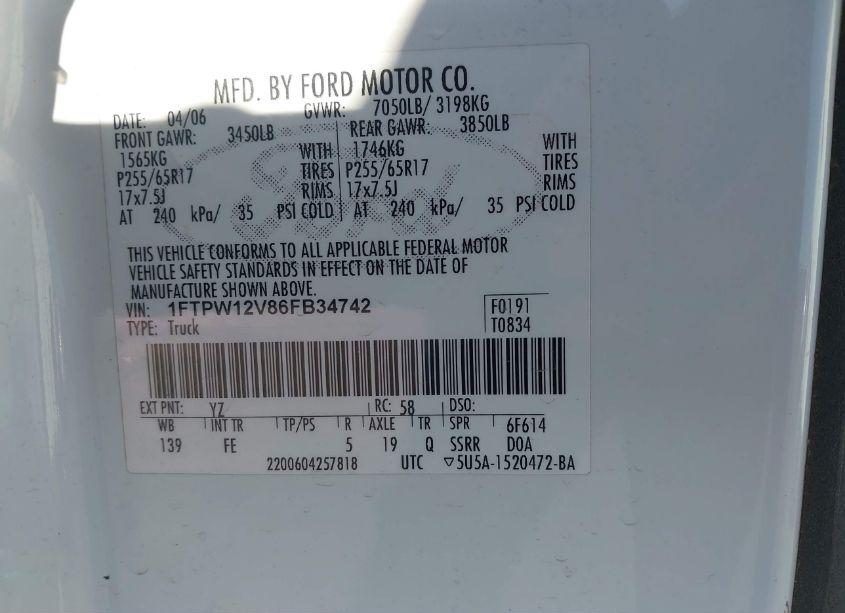 Photo 9 of 2006 Ford F-150 LARIAT/XLT (VIN 1FTPW12V86FB34742)