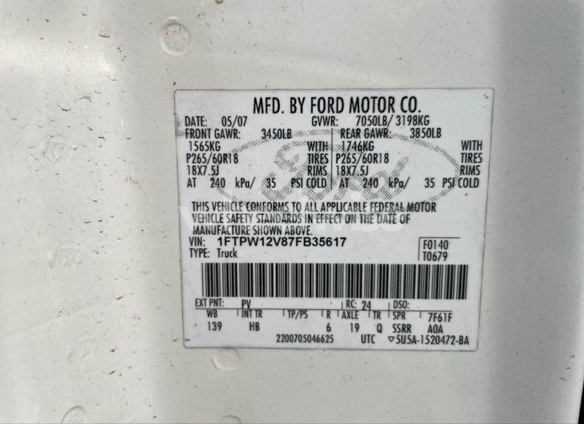 Photo 9 of 2007 Ford F-150 LARIAT/XLT (VIN 1FTPW12V87FB35617)