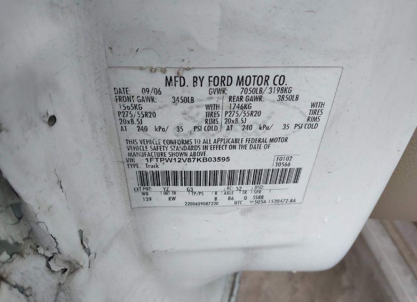 Photo 9 of 2007 Ford F-150 LARIAT/XLT (VIN 1FTPW12V87KB03595)