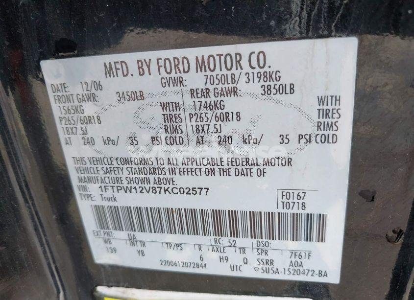 Photo 9 of 2007 Ford F-150 LARIAT/XLT (VIN 1FTPW12V87KC02577)