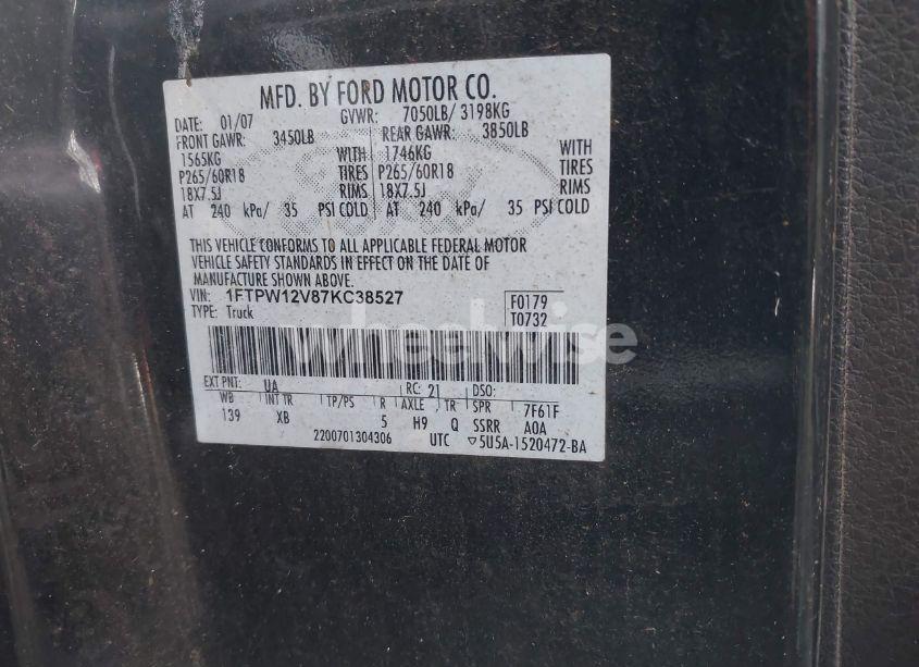 Photo 9 of 2007 Ford F-150 LARIAT/XLT (VIN 1FTPW12V87KC38527)