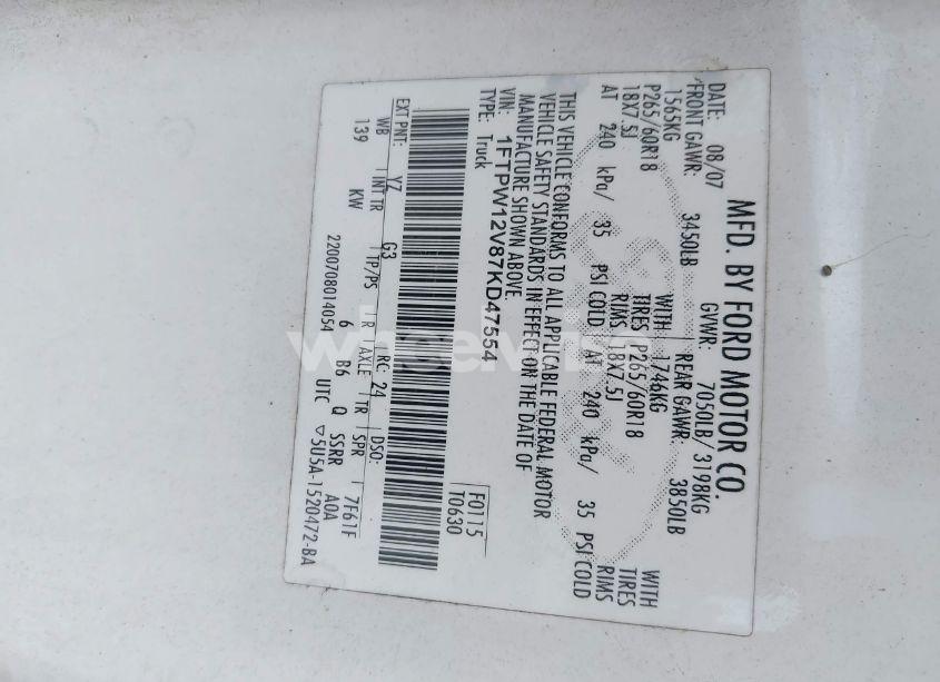 Photo 9 of 2007 Ford F-150 LARIAT/XLT (VIN 1FTPW12V87KD47554)