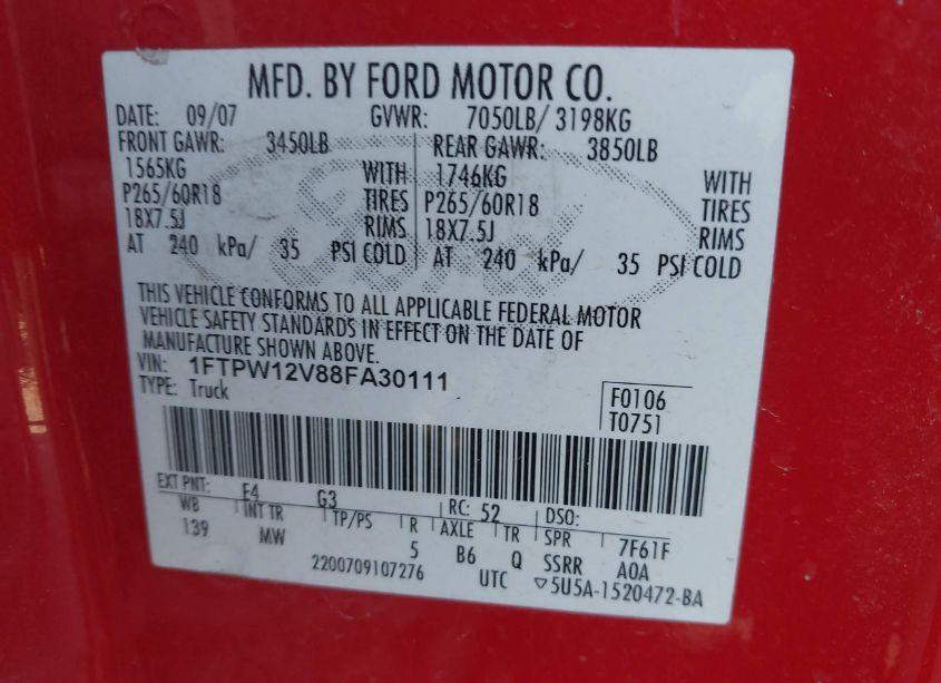 Photo 9 of 2008 Ford F-150 60TH ANNIVERSARY/FX2/KING RANCH/LARIAT/XLT (VIN 1FTPW12V88FA30111)