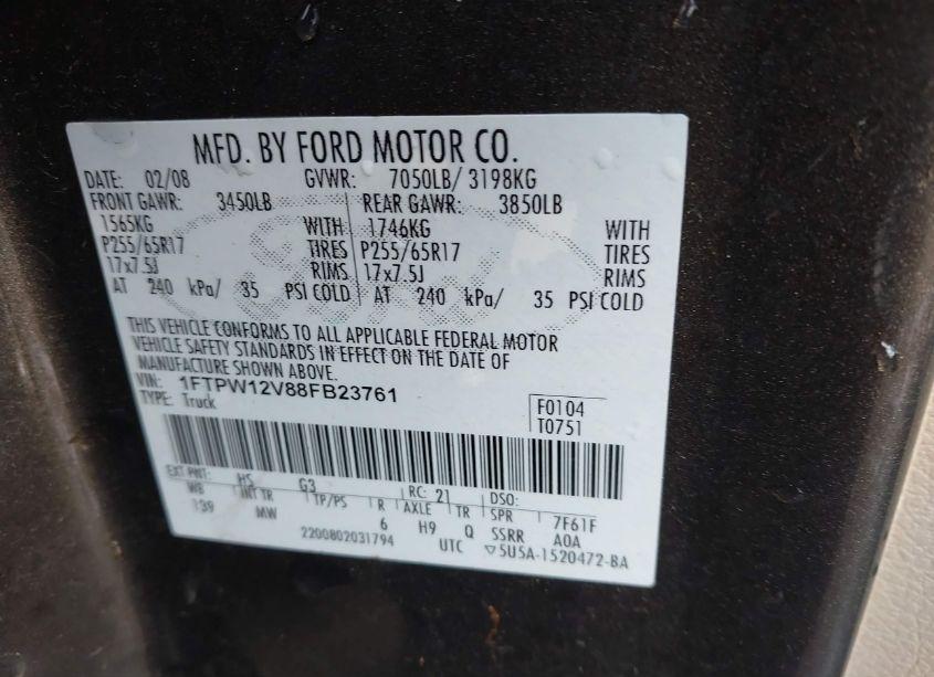 Photo 9 of 2008 Ford F-150 (VIN 1FTPW12V88FB23761)