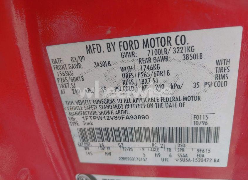 Photo 9 of 2009 Ford F-150 KING RANCH/LARIAT/PLATINUM/XL/XLT (VIN 1FTPW12V89FA93890)