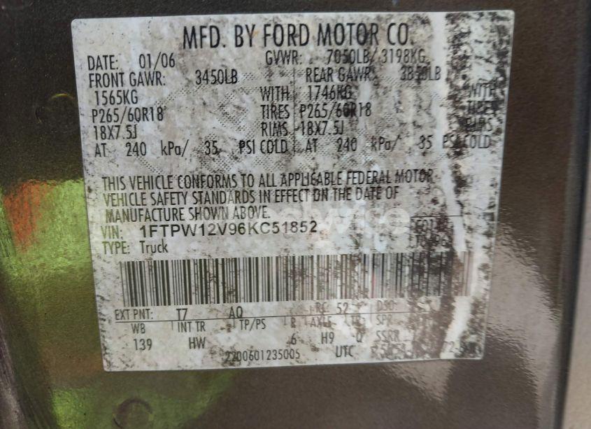 Photo 9 of 2006 Ford F-150 LARIAT/XLT (VIN 1FTPW12V96KC51852)