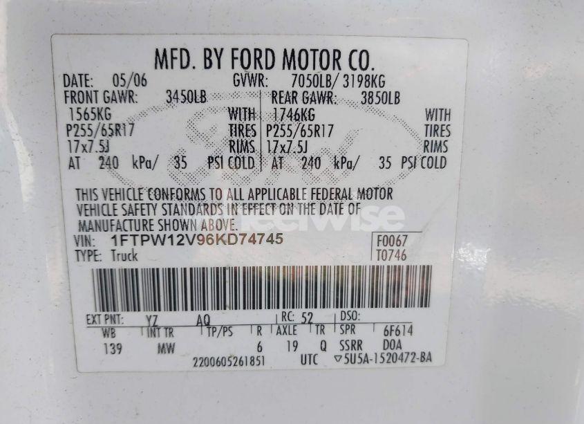 Photo 9 of 2006 Ford F-150 LARIAT/XLT (VIN 1FTPW12V96KD74745)