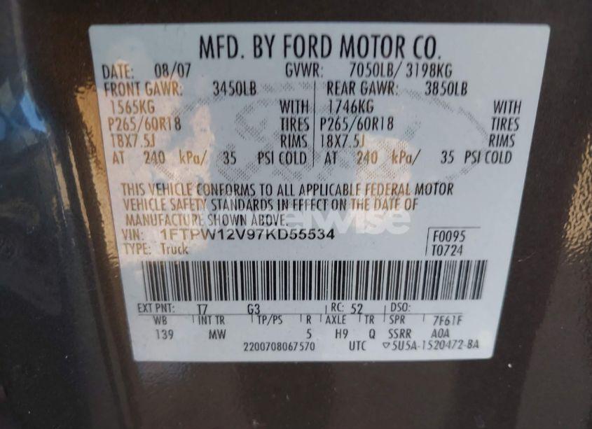 Photo 9 of 2007 Ford F-150 LARIAT/XLT (VIN 1FTPW12V97KD55534)