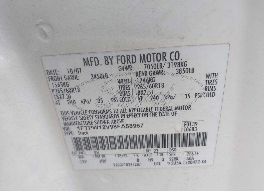 Photo 9 of 2008 Ford F-150 60TH ANNIVERSARY/FX2/KING RANCH/LARIAT/XLT (VIN 1FTPW12V98FA58967)