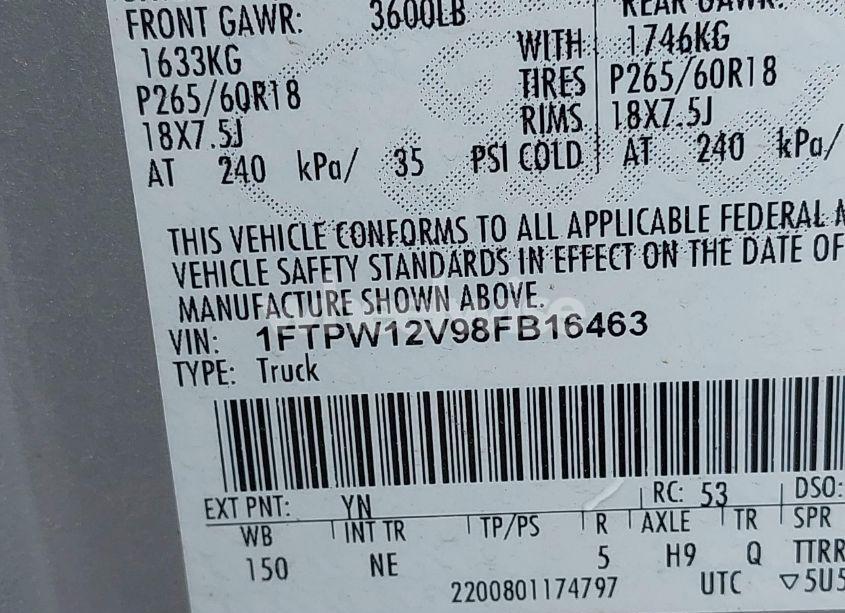 Photo 9 of 2008 Ford F-150 60TH ANNIVERSARY/FX2/KING RANCH/LARIAT/XLT (VIN 1FTPW12V98FB16463)