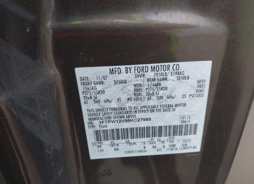 Photo 9 of 2008 Ford F-150 60TH ANNIVERSARY/FX2/KING RANCH/LARIAT/XLT (VIN 1FTPW12V98KC27988)