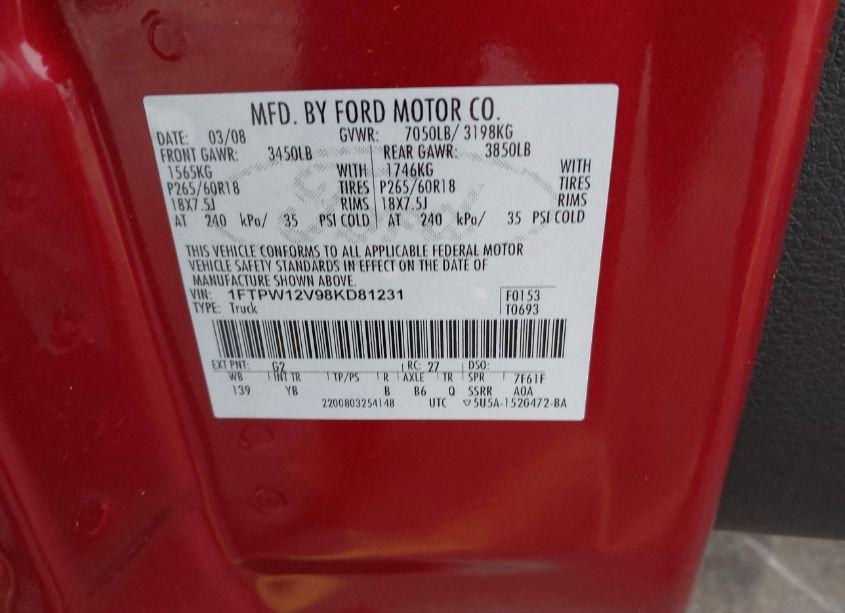 Photo 9 of 2008 Ford F-150 60TH ANNIVERSARY/FX2/KING RANCH/LARIAT/XLT (VIN 1FTPW12V98KD81231)