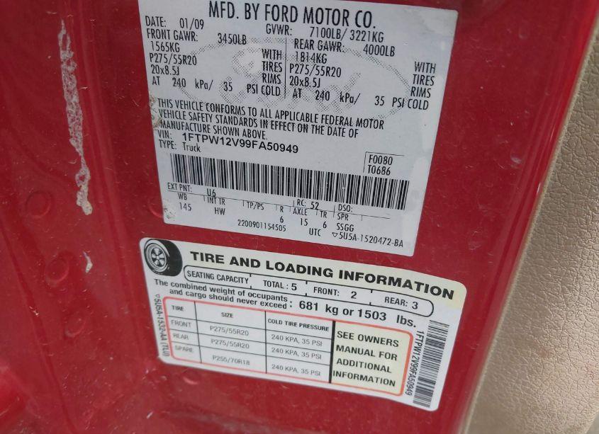Photo 9 of 2009 Ford F-150 KING RANCH/LARIAT/PLATINUM/XL/XLT (VIN 1FTPW12V99FA50949)