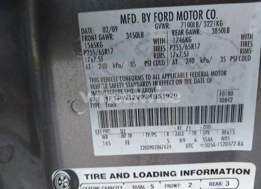 Photo 9 of 2009 Ford F-150 XLT (VIN 1FTPW12V99KB51920)