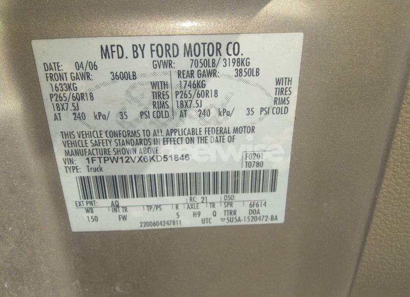 Photo 9 of 2006 Ford F-150 LARIAT/XLT (VIN 1FTPW12VX6KD51846)