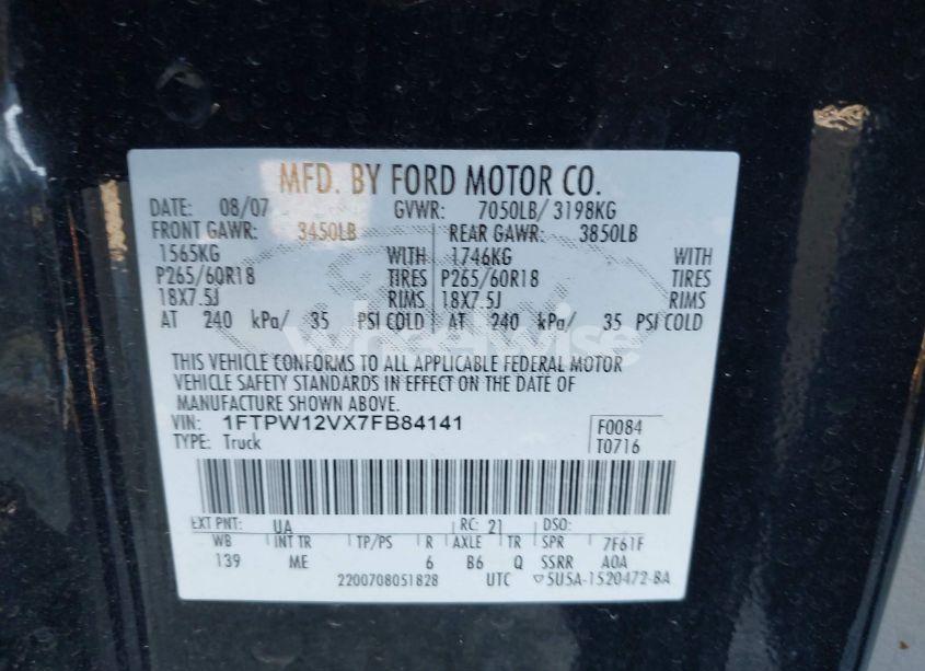 Photo 9 of 2007 Ford F-150 LARIAT/XLT (VIN 1FTPW12VX7FB84141)