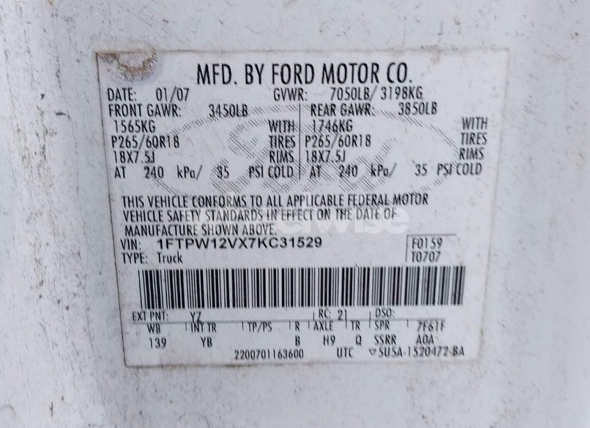 Photo 9 of 2007 Ford F-150 LARIAT/XLT (VIN 1FTPW12VX7KC31529)