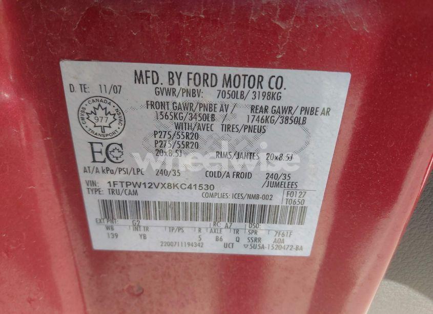 Photo 9 of 2008 Ford F-150 60TH ANNIVERSARY/FX2/KING RANCH/LARIAT/XLT (VIN 1FTPW12VX8KC41530)