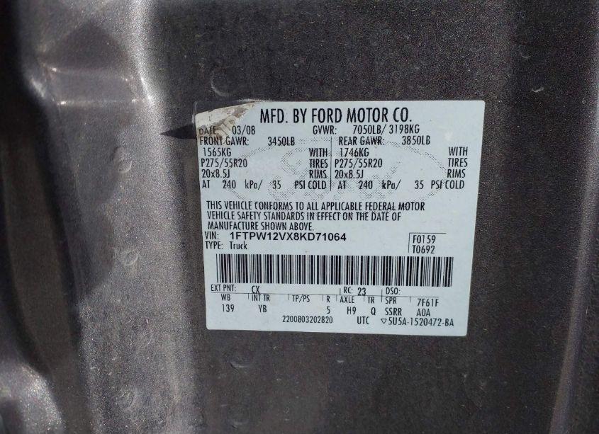 Photo 9 of 2008 Ford F-150 60TH ANNIVERSARY/FX2/KING RANCH/LARIAT/XLT (VIN 1FTPW12VX8KD71064)