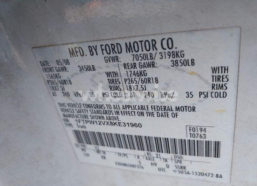 Photo 9 of 2008 Ford F-150 60TH ANNIVERSARY/FX2/KING RANCH/LARIAT/XLT (VIN 1FTPW12VX8KE31960)