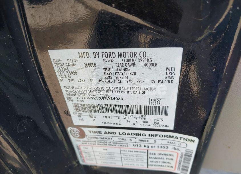 Photo 9 of 2009 Ford F-150 KING RANCH/LARIAT/PLATINUM/XL/XLT (VIN 1FTPW12VX9FA84933)