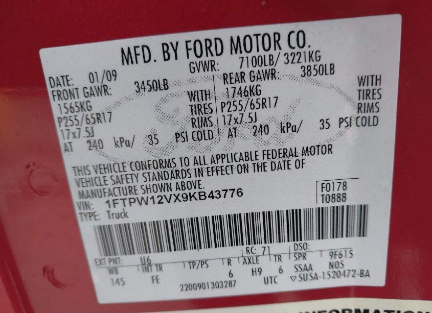 Photo 9 of 2009 Ford F-150 KING RANCH/LARIAT/PLATINUM/XL/XLT (VIN 1FTPW12VX9KB43776)