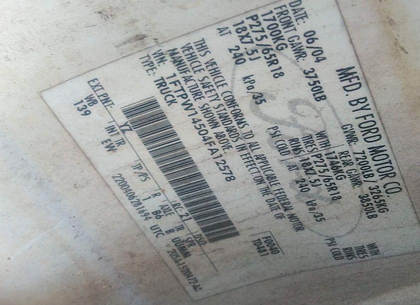 Photo 9 of 2004 Ford F-150 FX4/LARIAT/XLT (VIN 1FTPW14504FA12578)