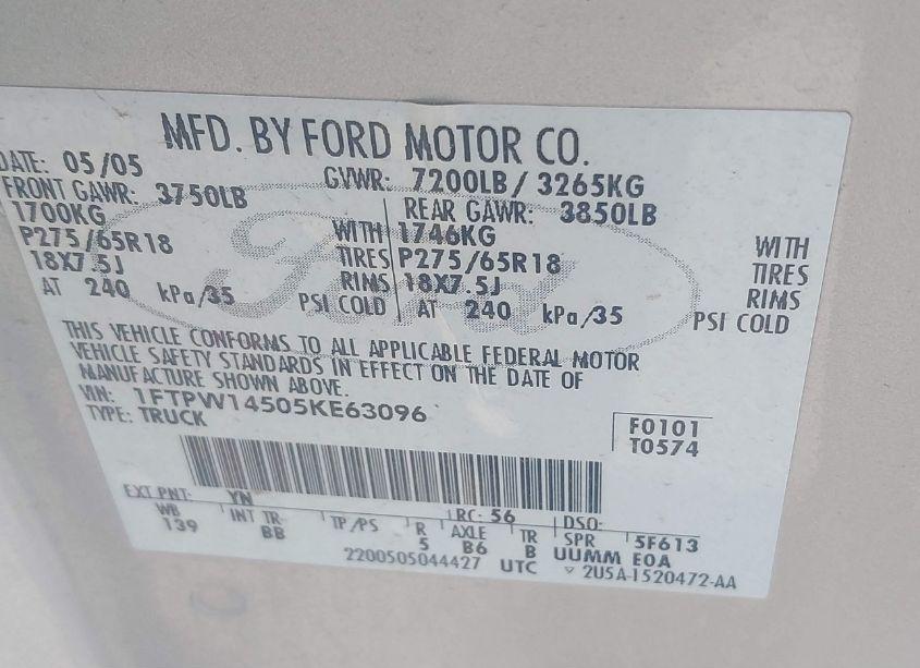 Photo 9 of 2005 Ford F-150 FX4/LARIAT/XLT (VIN 1FTPW14505KE63096)