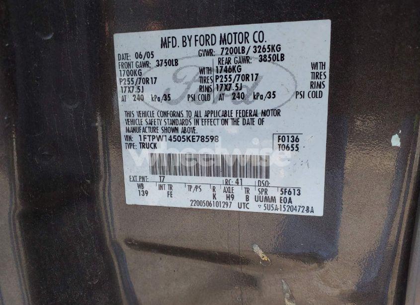 Photo 9 of 2005 Ford F-150 FX4/LARIAT/XLT (VIN 1FTPW14505KE78598)