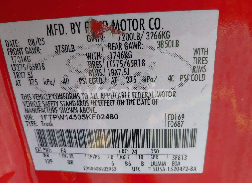 Photo 9 of 2005 Ford F-150 FX4/LARIAT/XLT (VIN 1FTPW14505KF02480)