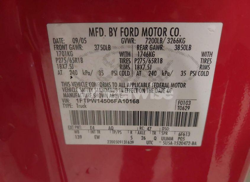 Photo 9 of 2006 Ford F-150 FX4/LARIAT/XLT (VIN 1FTPW14506FA10168)