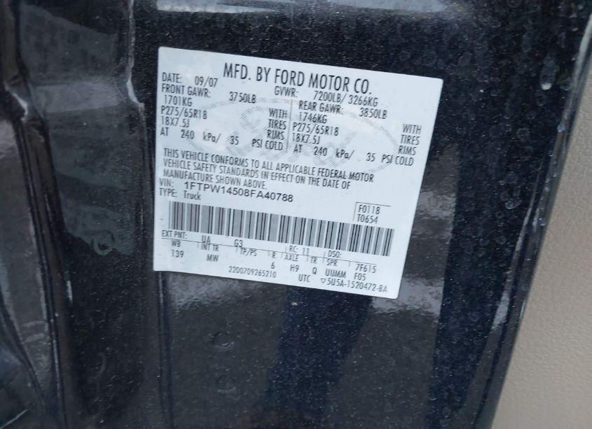 Photo 9 of 2008 Ford F-150 60TH ANNIVERSARY/FX4/KING RANCH/LARIAT/LIMITED/XLT (VIN 1FTPW14508FA40788)