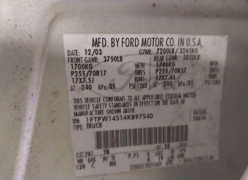 Photo 9 of 2004 Ford F-150 FX4/LARIAT/XLT (VIN 1FTPW14514KB97540)