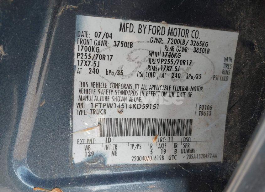 Photo 9 of 2004 Ford F-150 FX4/LARIAT/XLT (VIN 1FTPW14514KD59151)