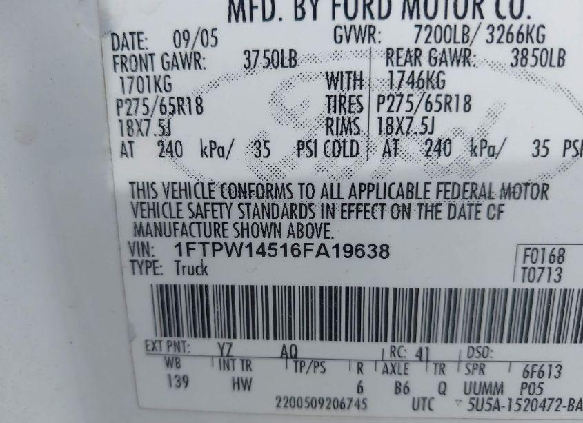 Photo 9 of 2006 Ford F-150 FX4/LARIAT/XLT (VIN 1FTPW14516FA19638)