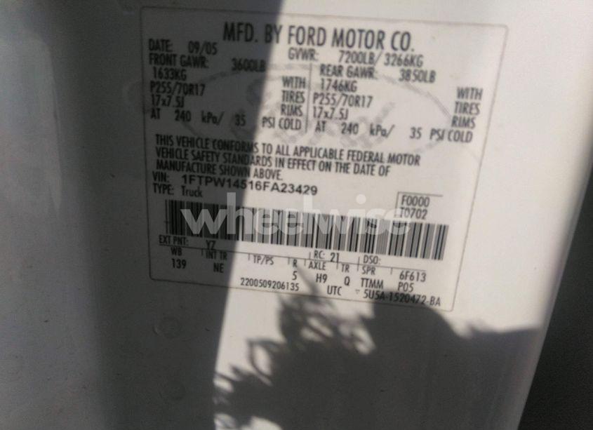 Photo 8 of 2006 Ford F-150 FX4/LARIAT/XLT (VIN 1FTPW14516FA23429)