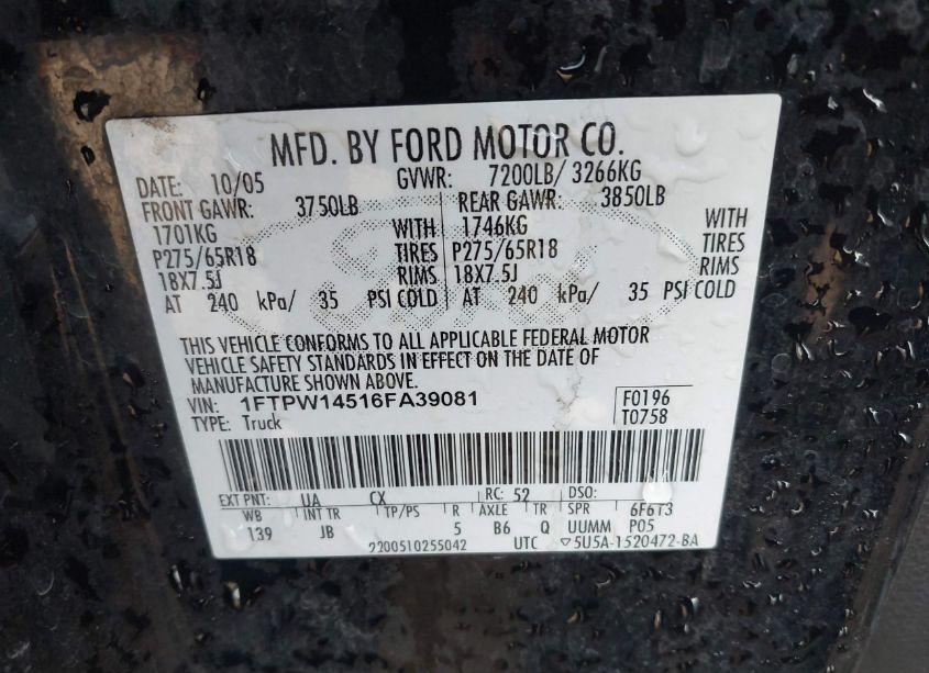 Photo 9 of 2006 Ford F-150 FX4/LARIAT/XLT (VIN 1FTPW14516FA39081)