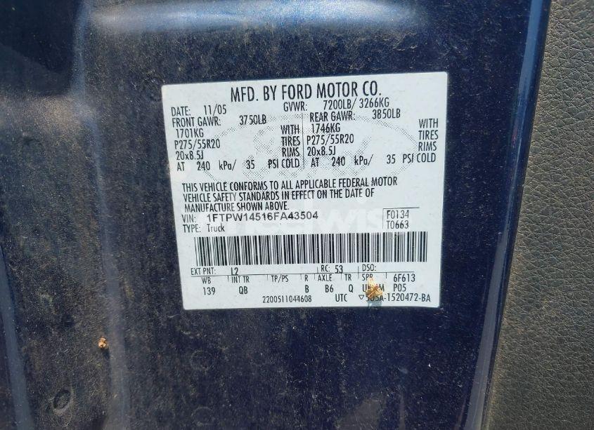 Photo 9 of 2006 Ford F-150 FX4/LARIAT/XLT (VIN 1FTPW14516FA43504)