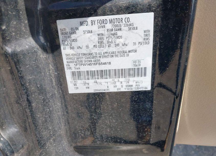 Photo 9 of 2006 Ford F-150 FX4/LARIAT/XLT (VIN 1FTPW14516FB54618)