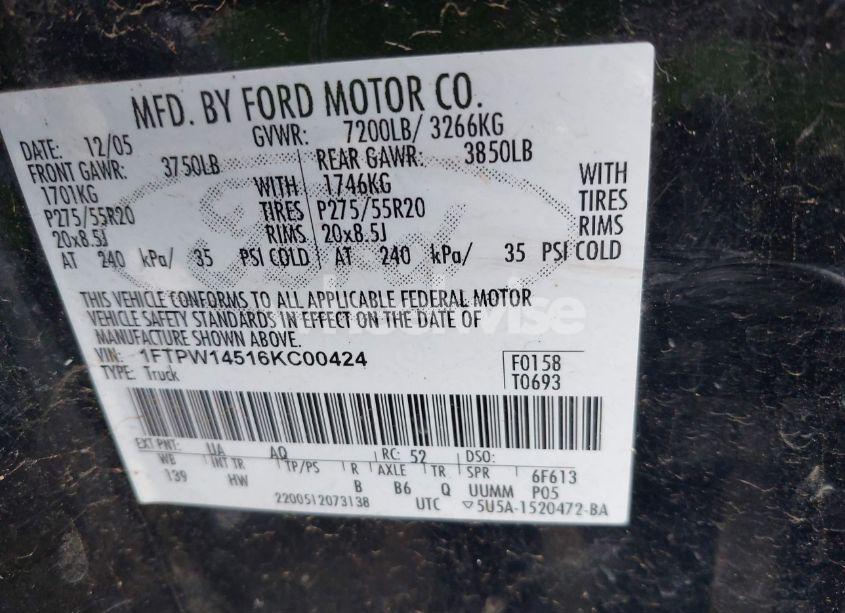 Photo 9 of 2006 Ford F-150 FX4/LARIAT/XLT (VIN 1FTPW14516KC00424)