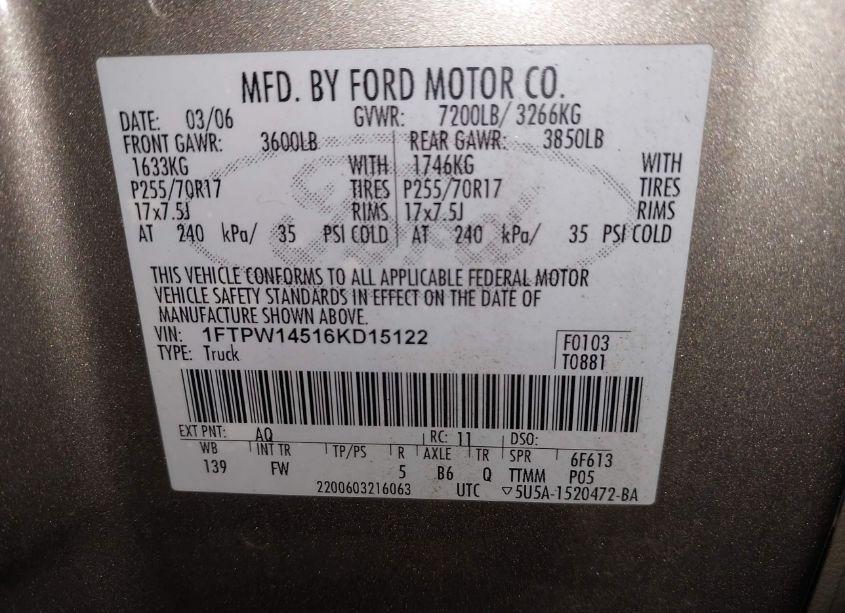 Photo 9 of 2006 Ford F-150 FX4/LARIAT/XLT (VIN 1FTPW14516KD15122)