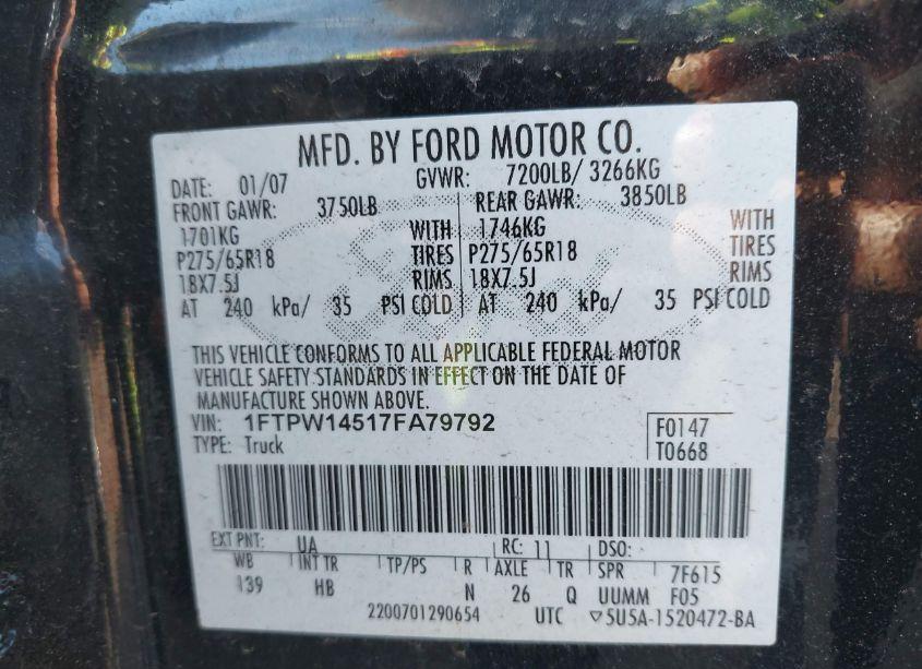 Photo 9 of 2007 Ford F-150 FX4/LARIAT/XLT (VIN 1FTPW14517FA79792)