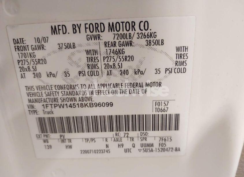 Photo 9 of 2008 Ford F-150 60TH ANNIVERSARY/FX4/KING RANCH/LARIAT/LIMITED/XLT (VIN 1FTPW14518KB96099)