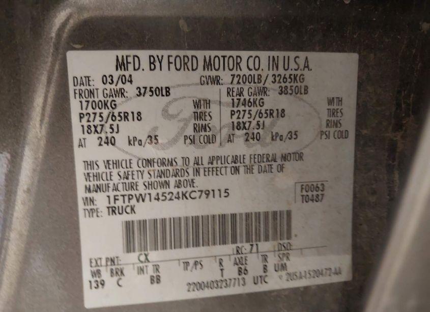 Photo 9 of 2004 Ford F-150 FX4/LARIAT/XLT (VIN 1FTPW14524KC79115)