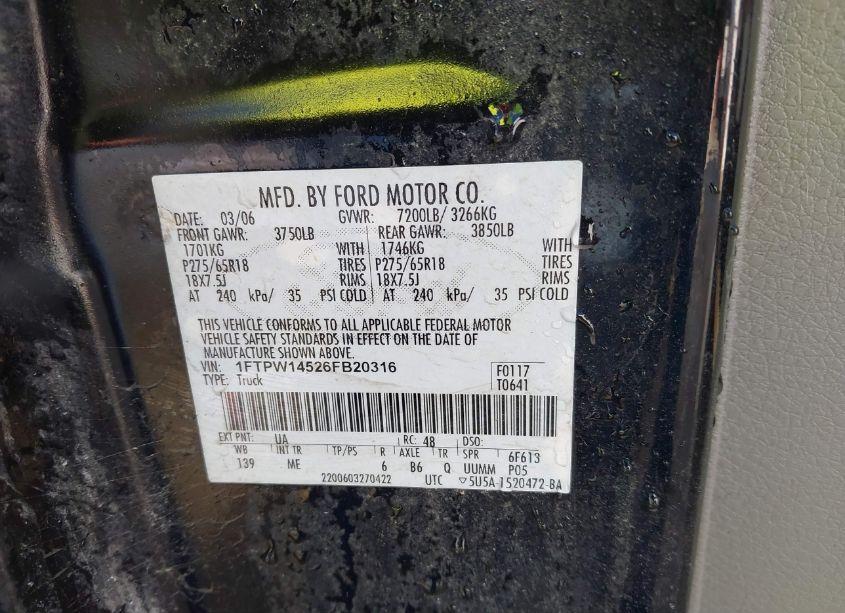 Photo 9 of 2006 Ford F-150 FX4/LARIAT/XLT (VIN 1FTPW14526FB20316)