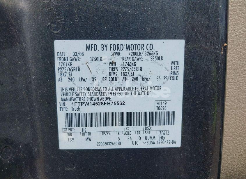 Photo 9 of 2008 Ford F-150 60TH ANNIVERSARY/FX4/KING RANCH/LARIAT/LIMITED/XLT (VIN 1FTPW14528FB75562)