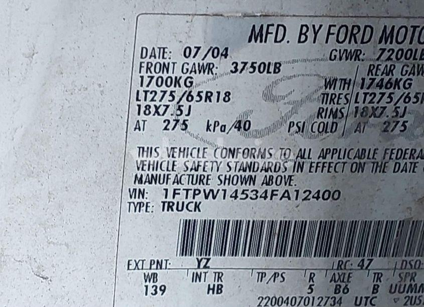 Photo 9 of 2004 Ford F-150 FX4/LARIAT/XLT (VIN 1FTPW14534FA12400)